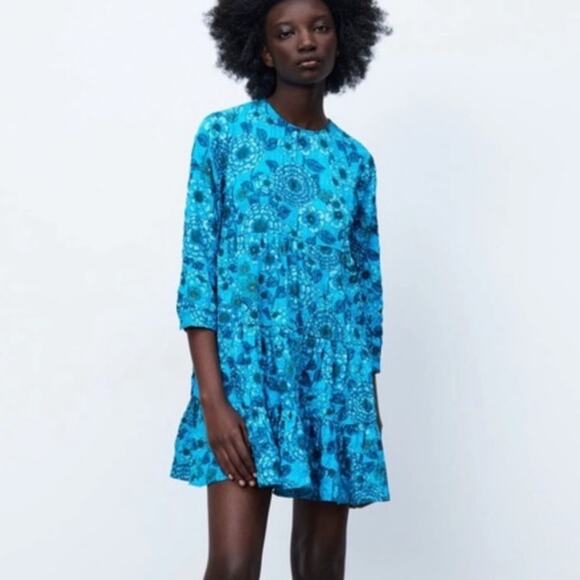 Zara Sharon Floral Tiered Babydoll Swing Mini Dress Blogger Favorite Size S - Picture 4 of 10